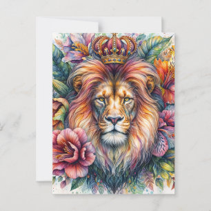 Lion Wearing Crown Floral Watercolor Portrait Postcard