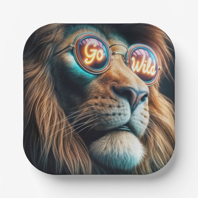 Lion Wearing Neon Sunglasses With Text Paper Plates (Front)