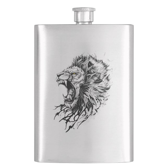 Lion Wild Animal Nature Illustration Art Tattoo Flask (Front)