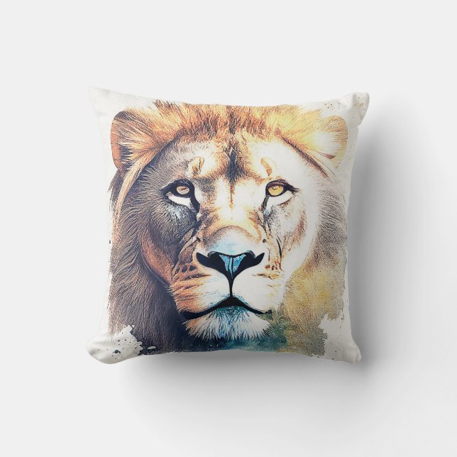 Lion Wild Animal Nature Watercolor Art Painting Throw Pillow (Front)