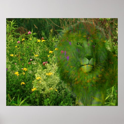 Lion Wildflowers Fantasy Art Poster