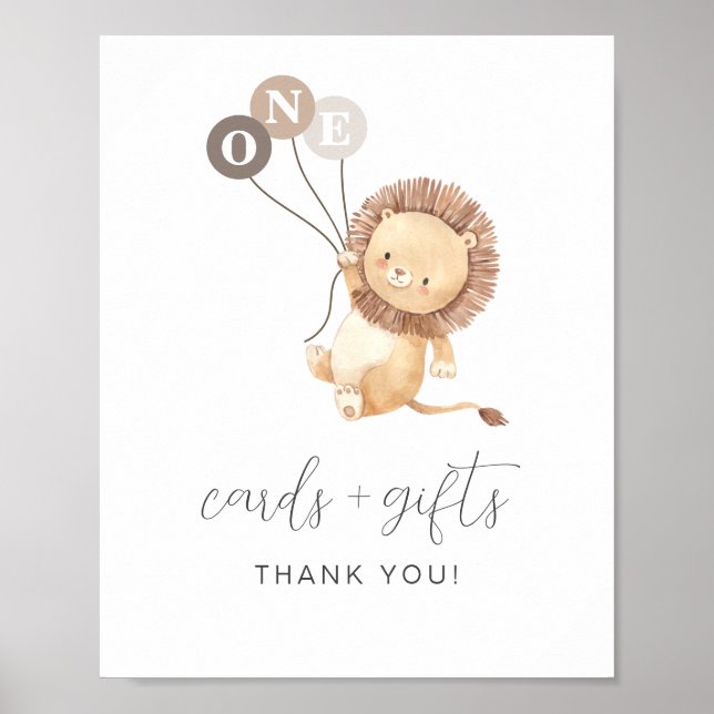 Lion with 3 Brown Balloons Cards Gifts Sign (Front)