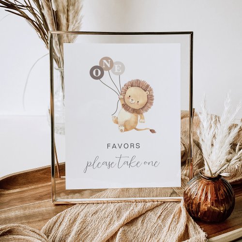 Lion with 3 Brown Balloons Favors Sign