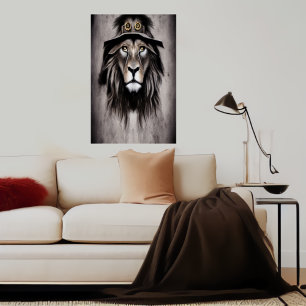 Lion with a cool hat AI Art Poster