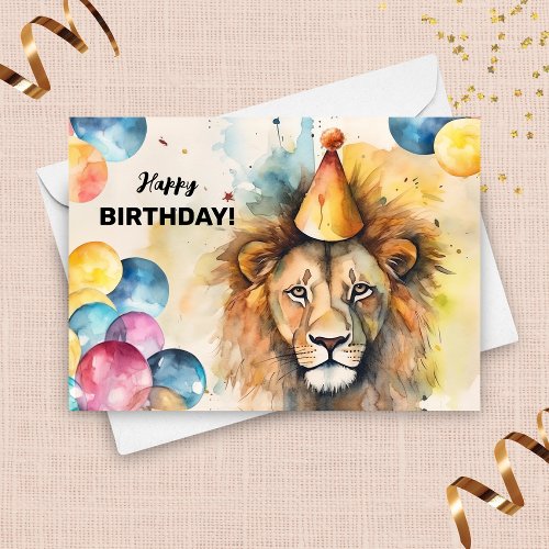 Lion with Balloons and Party Hat Animal Birthday Card