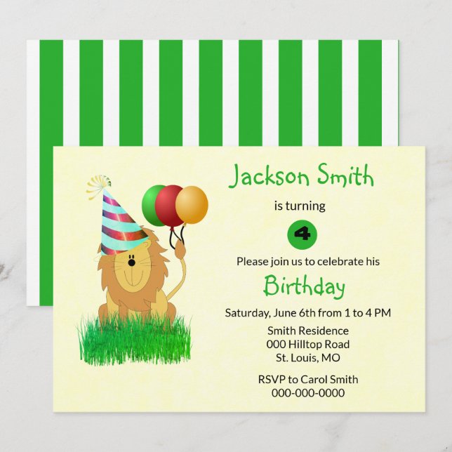 Lion with Birthday Balloons Party Invitation (Front/Back)