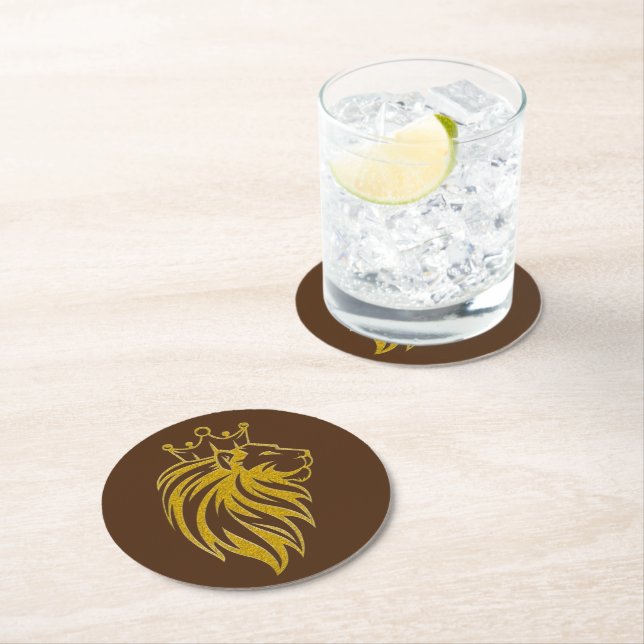 Lion With Crown - Gold Style 2 Round Paper Coaster (Insitu)