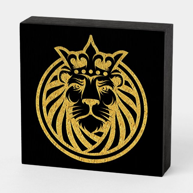 Lion With Crown - Gold Style 4 Wooden Box Sign (Angled Horizontal)