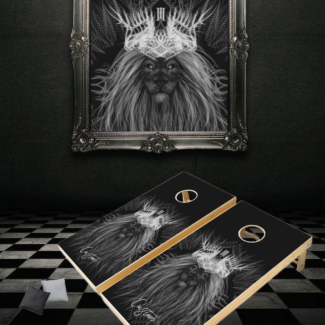 Lion with Crown Monogram and Team Names Black Cornhole Set (Creator Uploaded)