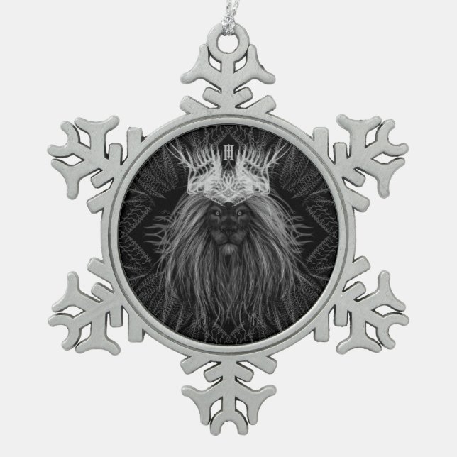 Lion with Crown Monogram Snowflake Pewter Christmas Ornament (Front)