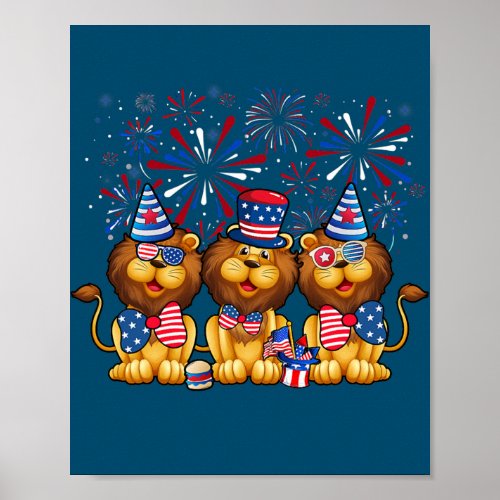 Lion With Fireworks Sunglasses Hat Merica Funny Poster