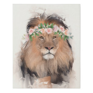Lion with Flower Crown Portrait Faux Canvas Print