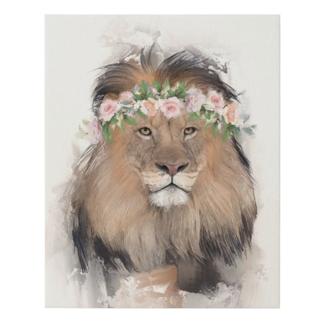 Lion with Flower Crown Portrait Faux Canvas Print (Front)