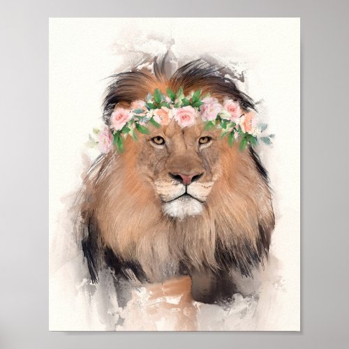 Lion with Flower Crown Portrait Poster