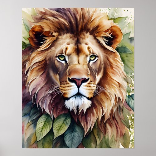 Lion With Leaves Botanical Watercolor Poster