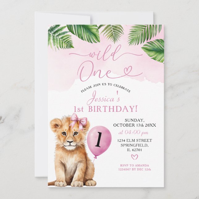 Lion with Pink Bow Safari Wild One Birthday Invitation (Front)