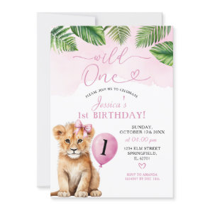 Lion with Pink Bow Safari Wild One Birthday Invitation