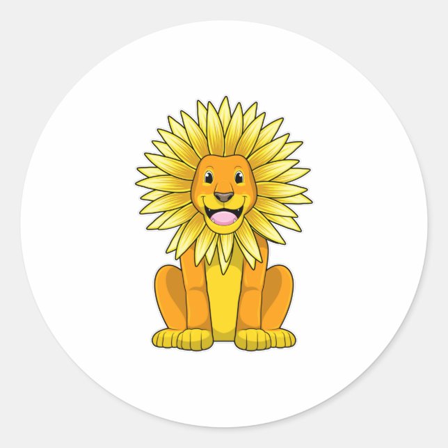 Lion with Sunflower Flower Classic Round Sticker (Front)