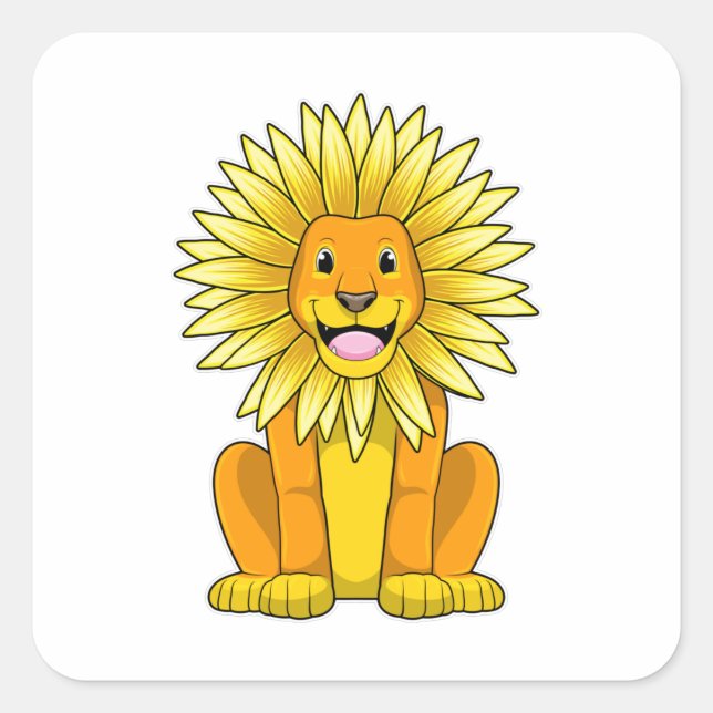 Lion with Sunflower Flower Square Sticker (Front)