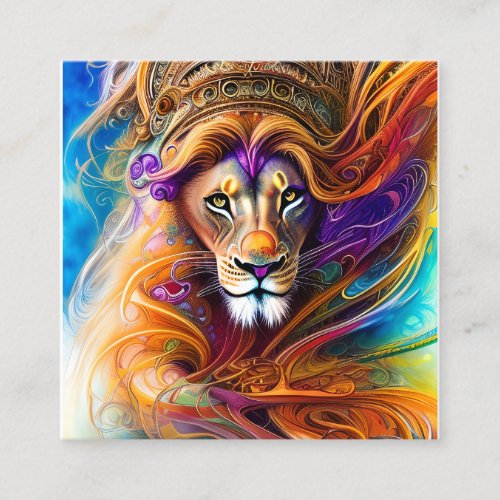Lion with Swirling Mane Tribal Fractal Watercolor Square Business Card