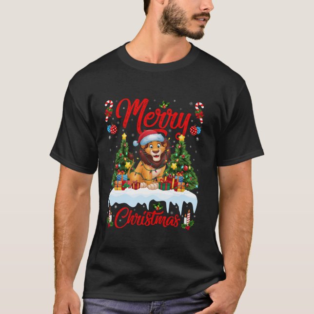 Lion Xmas Tree Lighting Santa Hat Lion Christmas T T-Shirt (Front)