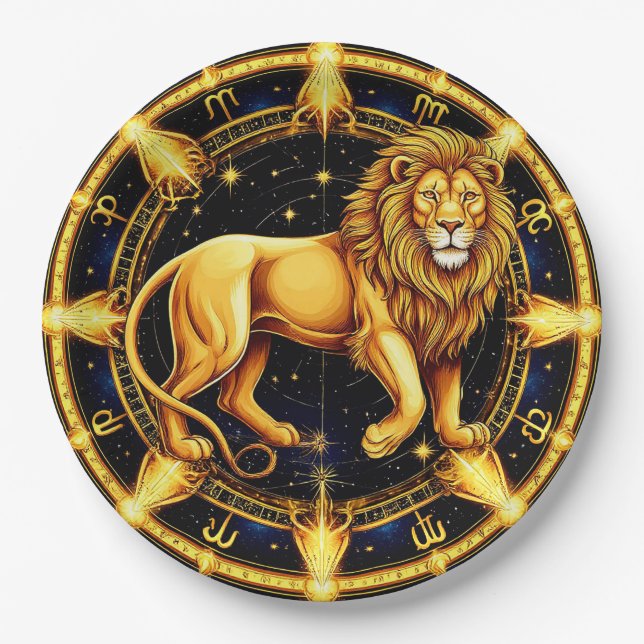 Lion Zodiac Symbol Over Celestial Starry Backgroun Paper Plates (Front)