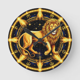 Lion Zodiac Symbol Over Celestial Starry Backgroun Round Clock