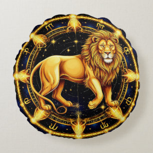 Lion Zodiac Symbol Over Celestial Starry Backgroun Round Pillow