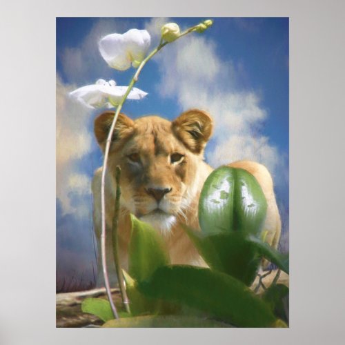 LIONESS AND ORCHID POSTER