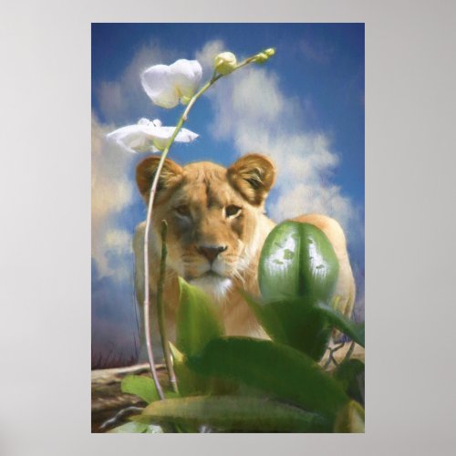 LIONESS AND ORCHID POSTER