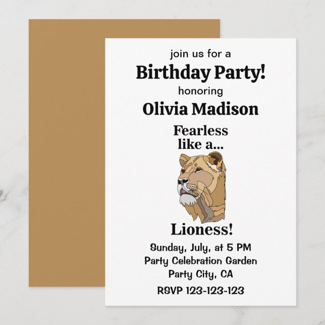 Lioness Animal Fearless Birthday Party Invitation (Front/Back)