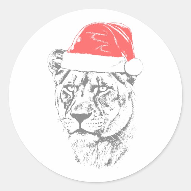 Lioness Christmas Hat Classic Round Sticker (Front)