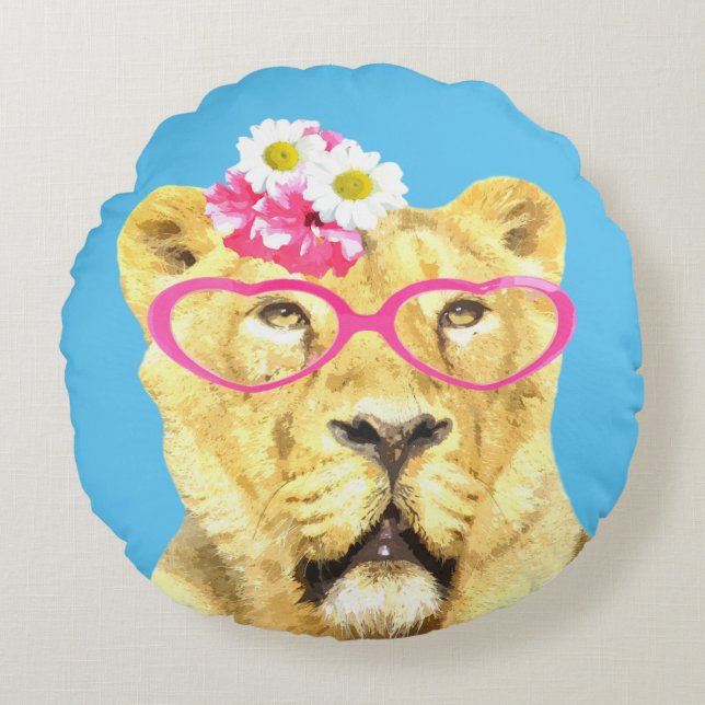 Lioness cute funny jungle animal nursery kids room round pillow (Front)