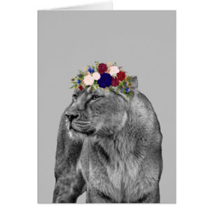 Lioness Lion Animal Girl Flower Crown Black White Cards
