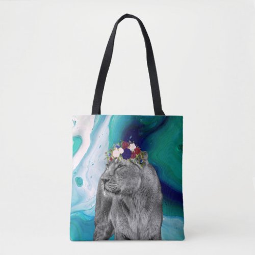 Lioness Lion Animal Girl Flower Crown Colorful Tote Bag