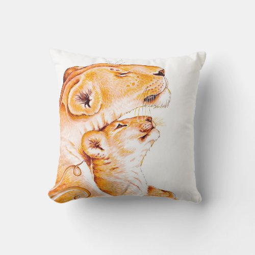 Lioness Mom and the Cub white Throw Pillow