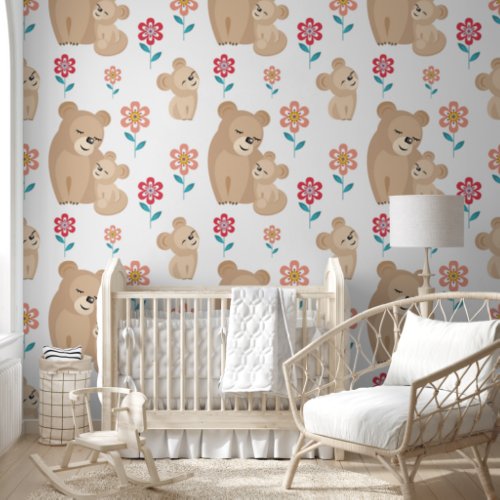 Lioness mother with baby flowers pattern nursery wallpaper 