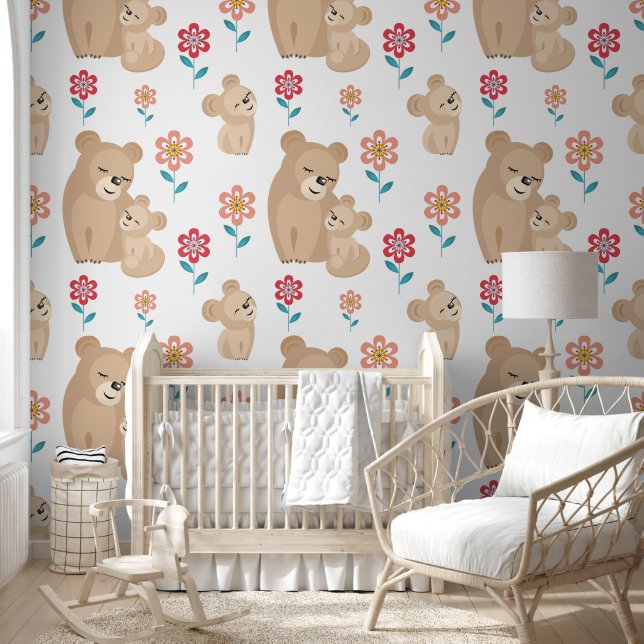 Lioness mother with baby flowers pattern nursery wallpaper  (Kids)