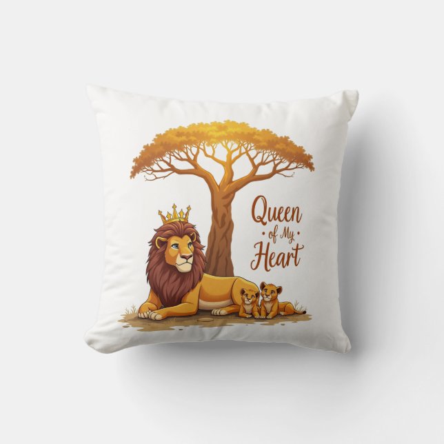 "Lioness Queen Mom – Golden Crown of Love" Throw Pillow (Front)