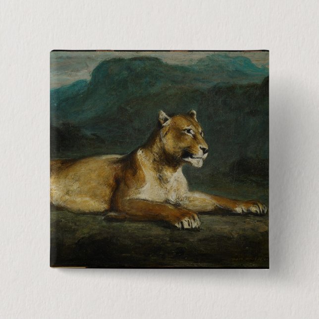 Lioness reclining, c.1855 (oil on panel) button (Front)