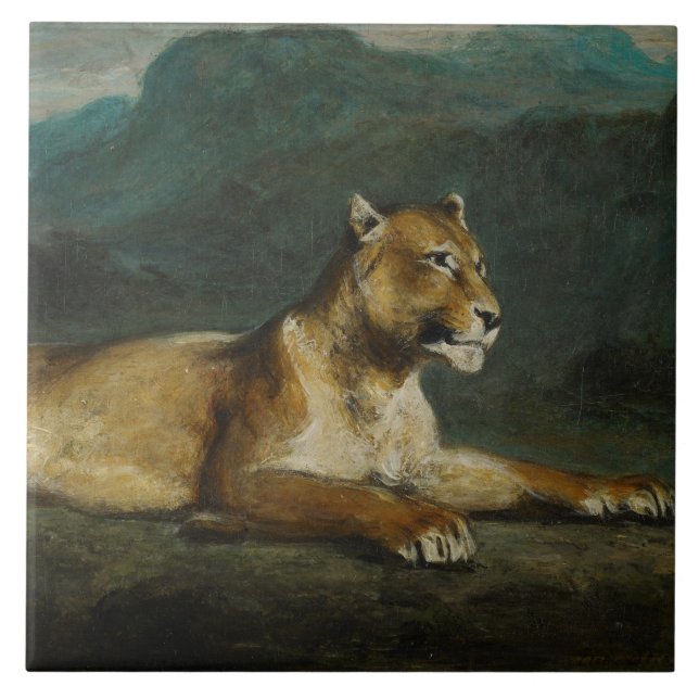 Lioness reclining, c.1855 (oil on panel) ceramic tile (Front)