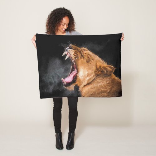 Lioness Roaring Art Portrait Fleece Blanket