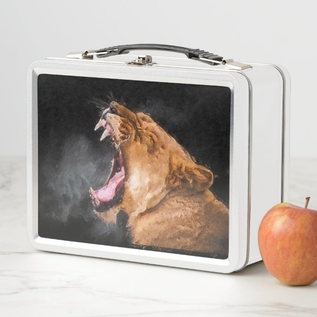 Lioness Roaring Art Portrait Metal Lunch Box (In Situ)