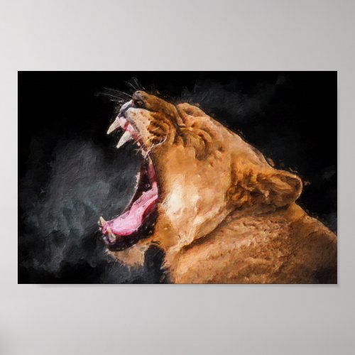 Lioness Roaring Art Portrait Poster