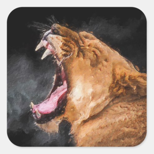 Lioness Roaring Art Portrait Square Sticker