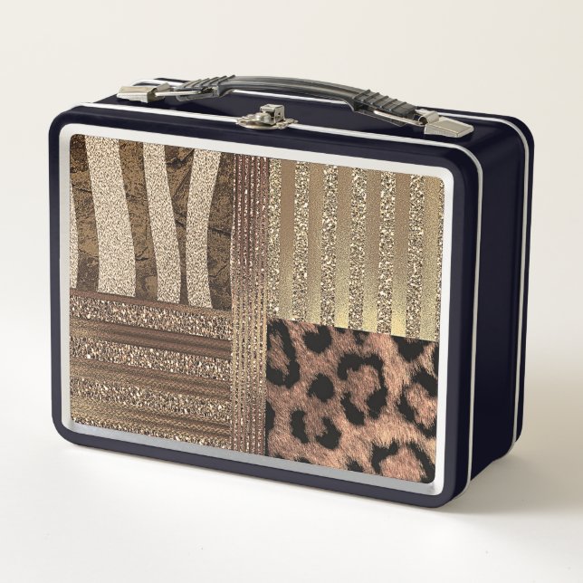 Lioness Safari Chic Jungle Gold Modern Sparkle Metal Lunch Box (Front)