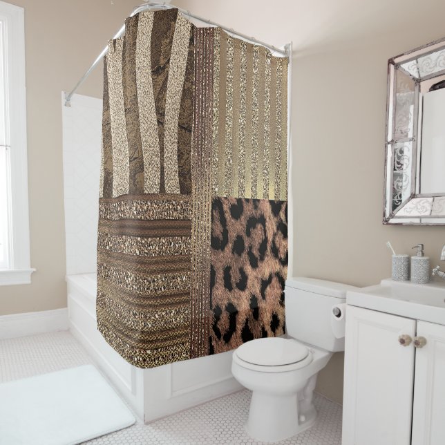 Lioness Safari Chic Jungle Gold Modern Sparkle Shower Curtain (In Situ)