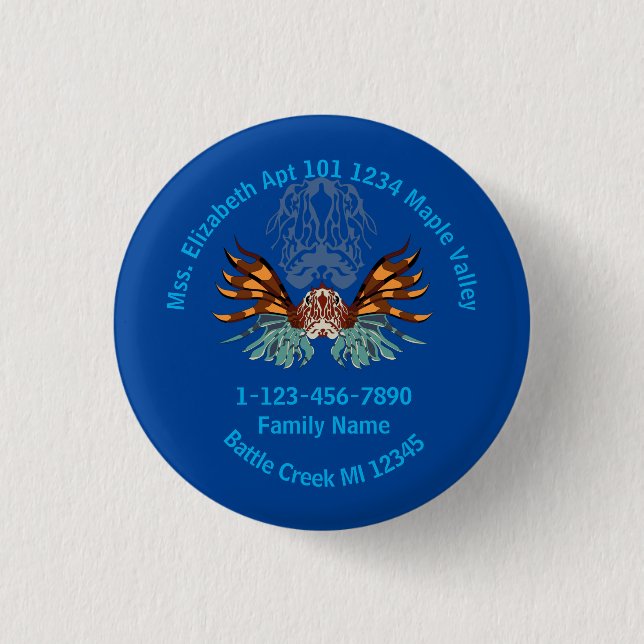 Lionfish Cartoon Lost Family Home Address  Button (Front)