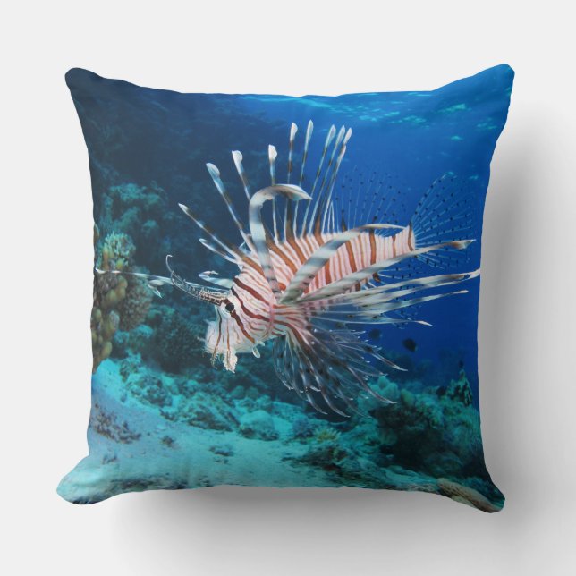 Lionfish or Pterois Miles, Ocean Reef Fish Throw Pillow (Front)