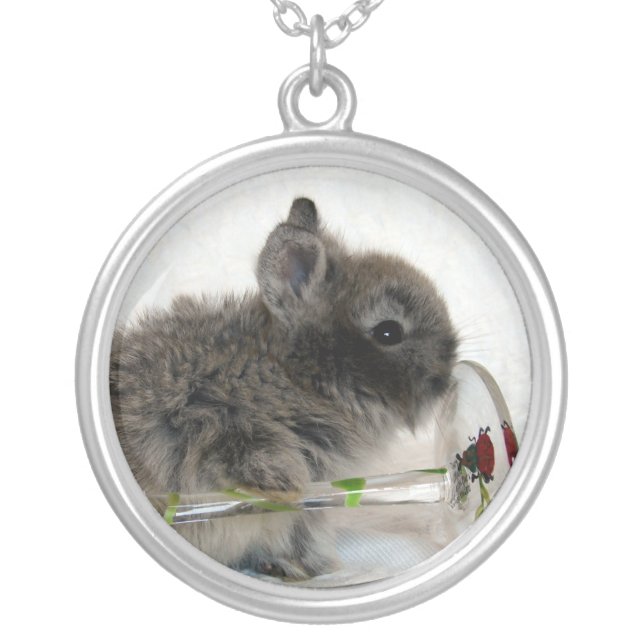 Lionhead Bunny and Wine Glass Silver Plated Necklace (Front)